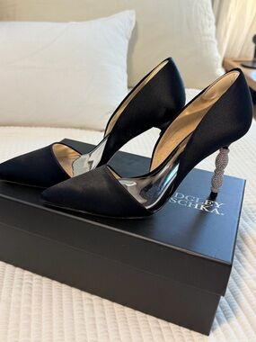 Badgley Mischka Black Satin Pointed D'Orsay Pumps with Crystal-Embellished Heel